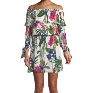 Silk off the shoulder floral dress.